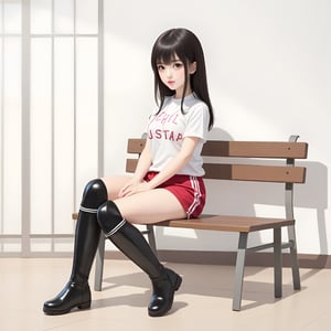 1girl, solo, boots, black_hair, sitting, bench, black_eyes, shorts, long_hair, red_shorts, gym_uniform, black_footwear, shirt, knee_boots, ridding boots, looking_at_viewer, lips, full_body