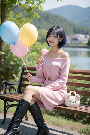 A full-body photo of A young Japanese woman with short, dark blue hair sits on a wooden park bench in a picturesque outdoor setting on a sunny day. She wears a soft, oversized, off-shoulder pink sweater dress that gently drapes over her shoulders, revealing her collarbone, and is cinched at the waist with a thin belt. She holds a small pink and white lollipop in her right hand while gazing slightly to the side, smiling warmly. Her legs are crossed, and she wears shiny, knee-high black platform boots with a lace-up design, adding a bold, fashionable contrast to her delicate outfit. Beside her on the bench sits a small white purse shaped like a bear’s face with little ears, adding a playful touch. She holds a bouquet of colorful balloons—yellow, blue, and pink—in her left hand. Behind her, lush green foliage and a serene, clear river bordered by distant, charming houses and soft hills create a tranquil and inviting background, while the sun casts gentle light and soft shadows, enhancing the realistic and peaceful atmosphere of the scene.
