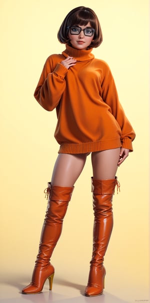 score_9,score_8_up,score_7_up, Velma, 1girl, shortbrown_hair, brown_eyes. wearing orange baggy sweater, black skint that covers the darker area of her upper stockings, ((orange high heels, thigh high boots, long boots)), posing, sexy pose, full_body