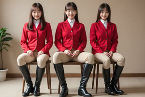 A full-body photo of three Japanese girls wearing traditional equestrian attire. Each girl has brown hair and is smiling, looking directly at the viewer. They are dressed in red riding shirts, fitted beige riding pants, and tall black riding boots, sitting with their legs crossed on simple chairs. The entire body of each girl is clearly visible, from their polished boots to their confident posture. The background is neutral and minimalist, featuring a beige wall and a small potted plant. Soft lighting highlights the texture and details of their outfits, creating a balanced and realistic atmosphere.

