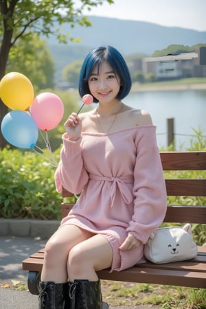 A full-body photo of A young Japanese woman with short, dark blue hair sits on a wooden park bench in a picturesque outdoor setting on a sunny day. She wears a soft, oversized, off-shoulder pink sweater dress that gently drapes over her shoulders, revealing her collarbone, and is cinched at the waist with a thin belt. She holds a small pink and white lollipop in her right hand while gazing slightly to the side, smiling warmly. Her legs are crossed, and she wears shiny, knee-high black platform boots with a lace-up design, adding a bold, fashionable contrast to her delicate outfit. Beside her on the bench sits a small white purse shaped like a bear’s face with little ears, adding a playful touch. She holds a bouquet of colorful balloons—yellow, blue, and pink—in her left hand. Behind her, lush green foliage and a serene, clear river bordered by distant, charming houses and soft hills create a tranquil and inviting background, while the sun casts gentle light and soft shadows, enhancing the realistic and peaceful atmosphere of the scene.
