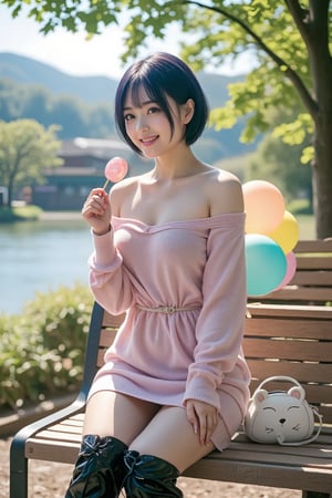 A full-body photo of A young Japanese woman with short, dark blue hair sits on a wooden park bench in a picturesque outdoor setting on a sunny day. She wears a soft, oversized, off-shoulder pink sweater dress that gently drapes over her shoulders, revealing her collarbone, and is cinched at the waist with a thin belt. She holds a small pink and white lollipop in her right hand while gazing slightly to the side, smiling warmly. Her legs are crossed, and she wears shiny, knee-high black platform boots with a lace-up design, adding a bold, fashionable contrast to her delicate outfit. Beside her on the bench sits a small white purse shaped like a bear’s face with little ears, adding a playful touch. She holds a bouquet of colorful balloons—yellow, blue, and pink—in her left hand. Behind her, lush green foliage and a serene, clear river bordered by distant, charming houses and soft hills create a tranquil and inviting background, while the sun casts gentle light and soft shadows, enhancing the realistic and peaceful atmosphere of the scene.
