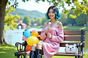 Photografy of a young Japanese woman with short, dark blue hair sits on a wooden park bench in a picturesque outdoor setting on a sunny day. She wears a soft, oversized, off-shoulder pink sweater dress that gently drapes over her shoulders, revealing her collarbone, and is cinched at the waist with a thin belt. She holds a small pink and white lollipop in her right hand while gazing slightly to the side, smiling warmly. Her legs are crossed, and she wears shiny, knee-high black platform boots with a lace-up design, adding a bold, fashionable contrast to her delicate outfit. Beside her on the bench sits a small white purse shaped like a bear’s face with little ears, adding a playful touch. She holds a bouquet of colorful balloons—yellow, blue, and pink—in her left hand. Behind her, lush green foliage and a serene, clear river bordered by distant, charming houses and soft hills create a tranquil and inviting background, while the sun casts gentle light and soft shadows, enhancing the realistic and peaceful atmosphere of the scene.

