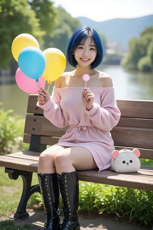 A full-body photo of A young Japanese woman with short, dark blue hair sits on a wooden park bench in a picturesque outdoor setting on a sunny day. She wears a soft, oversized, off-shoulder pink sweater dress that gently drapes over her shoulders, revealing her collarbone, and is cinched at the waist with a thin belt. She holds a small pink and white lollipop in her right hand while gazing slightly to the side, smiling warmly. Her legs are crossed, and she wears shiny, knee-high black platform boots with a lace-up design, adding a bold, fashionable contrast to her delicate outfit. Beside her on the bench sits a small white purse shaped like a bear’s face with little ears, adding a playful touch. She holds a bouquet of colorful balloons—yellow, blue, and pink—in her left hand. Behind her, lush green foliage and a serene, clear river bordered by distant, charming houses and soft hills create a tranquil and inviting background, while the sun casts gentle light and soft shadows, enhancing the realistic and peaceful atmosphere of the scene.
