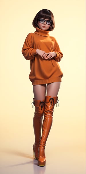 score_9,score_8_up,score_7_up, Velma, 1girl, shortbrown_hair, brown_eyes. wearing orange baggy sweater, black skint that covers the darker area of her upper stockings, ((orange high heels, thigh high boots, long boots)), posing, sexy pose, full_body