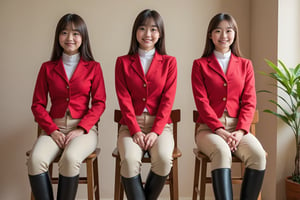 A full-body photo of three Japanese girls wearing traditional equestrian attire. Each girl has brown hair and is smiling, looking directly at the viewer. They are dressed in red riding shirts, fitted beige riding pants, and tall black riding boots, sitting with their legs crossed on simple chairs. The entire body of each girl is clearly visible, from their polished boots to their confident posture. The background is neutral and minimalist, featuring a beige wall and a small potted plant. Soft lighting highlights the texture and details of their outfits, creating a balanced and realistic atmosphere.

