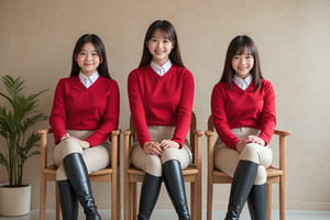 A full-body photo of three Japanese girls wearing traditional equestrian attire. Each girl has brown hair and is smiling, looking directly at the viewer. They are dressed in red riding shirts, fitted beige riding pants, and tall black riding boots, sitting with their legs crossed on simple chairs. The entire body of each girl is clearly visible, from their polished boots to their confident posture. The background is neutral and minimalist, featuring a beige wall and a small potted plant. Soft lighting highlights the texture and details of their outfits, creating a balanced and realistic atmosphere.

