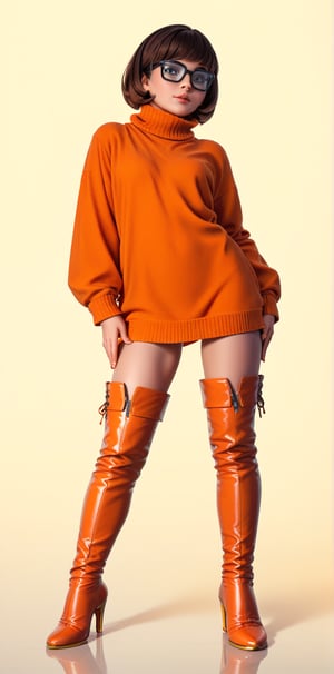 score_9,score_8_up,score_7_up, Velma, 1girl, shortbrown_hair, brown_eyes. wearing orange baggy sweater, black skint that covers the darker area of her upper stockings, ((orange high heels, thigh high boots, long boots)), posing, sexy pose, full_body