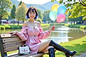 Photografy of a young Japanese woman with short, dark blue hair sits on a wooden park bench in a picturesque outdoor setting on a sunny day. She wears a soft, oversized, off-shoulder pink sweater dress that gently drapes over her shoulders, revealing her collarbone, and is cinched at the waist with a thin belt. She holds a small pink and white lollipop in her right hand while gazing slightly to the side, smiling warmly. Her legs are crossed, and she wears shiny, knee-high black platform boots with a lace-up design, adding a bold, fashionable contrast to her delicate outfit. Beside her on the bench sits a small white purse shaped like a bear’s face with little ears, adding a playful touch. She holds a bouquet of colorful balloons—yellow, blue, and pink—in her left hand. Behind her, lush green foliage and a serene, clear river bordered by distant, charming houses and soft hills create a tranquil and inviting background, while the sun casts gentle light and soft shadows, enhancing the realistic and peaceful atmosphere of the scene.

