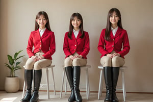 A full-body photo of three Japanese girls wearing traditional equestrian attire. Each girl has brown hair and is smiling, looking directly at the viewer. They are dressed in red riding shirts, fitted beige riding pants, and tall black riding boots, sitting with their legs crossed on simple chairs. The entire body of each girl is clearly visible, from their polished boots to their confident posture. The background is neutral and minimalist, featuring a beige wall and a small potted plant. Soft lighting highlights the texture and details of their outfits, creating a balanced and realistic atmosphere.

