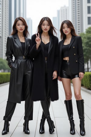 Create an image of three Japanese women posing stylishly in an urban setting with modern high-rise buildings and greenery in the background. Each woman wears an all-black outfit with unique textures and styles that showcase a chic, sophisticated aesthetic.

The woman on the left wears a sleek black leather trench coat over matching leather pants, paired with knee-high black stiletto boots. Her hair is pulled back, and she has a confident smile, exuding elegance and modernity. The woman in the center has long, light brown hair and is dressed in a black textured faux fur jacket that adds volume and luxury to her look. She wears fitted leather pants that accentuate her style, and pointed black stiletto boots, while posing playfully with a peace sign.

The woman on the right has long, dark hair and wears a short black wool jacket with gold buttons, layered over a black top and high-waisted shorts. She pairs this with opaque gray tights and knee-high black leather boots with a square heel. She smiles subtly, adding a casual but refined vibe to the group. The image highlights their fashionable, coordinated outfits with a monochromatic, city-chic aesthetic, while subtly emphasizing their Japanese features and sophisticated urban style.