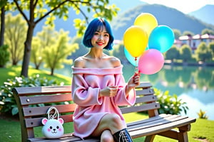 Photografy of a young Japanese woman with short, dark blue hair sits on a wooden park bench in a picturesque outdoor setting on a sunny day. She wears a soft, oversized, off-shoulder pink sweater dress that gently drapes over her shoulders, revealing her collarbone, and is cinched at the waist with a thin belt. She holds a small pink and white lollipop in her right hand while gazing slightly to the side, smiling warmly. Her legs are crossed, and she wears shiny, knee-high black platform boots with a lace-up design, adding a bold, fashionable contrast to her delicate outfit. Beside her on the bench sits a small white purse shaped like a bear’s face with little ears, adding a playful touch. She holds a bouquet of colorful balloons—yellow, blue, and pink—in her left hand. Behind her, lush green foliage and a serene, clear river bordered by distant, charming houses and soft hills create a tranquil and inviting background, while the sun casts gentle light and soft shadows, enhancing the realistic and peaceful atmosphere of the scene.

