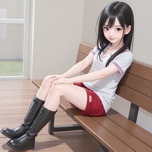 1girl, solo, boots, black_hair, sitting, bench, black_eyes, shorts, long_hair, red_shorts, gym_uniform, black_footwear, shirt, knee_boots, ridding boots, looking_at_viewer, lips, full_body