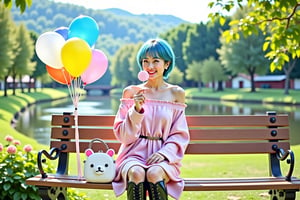 Photografy of a young Japanese woman with short, dark blue hair sits on a wooden park bench in a picturesque outdoor setting on a sunny day. She wears a soft, oversized, off-shoulder pink sweater dress that gently drapes over her shoulders, revealing her collarbone, and is cinched at the waist with a thin belt. She holds a small pink and white lollipop in her right hand while gazing slightly to the side, smiling warmly. Her legs are crossed, and she wears shiny, knee-high black platform boots with a lace-up design, adding a bold, fashionable contrast to her delicate outfit. Beside her on the bench sits a small white purse shaped like a bear’s face with little ears, adding a playful touch. She holds a bouquet of colorful balloons—yellow, blue, and pink—in her left hand. Behind her, lush green foliage and a serene, clear river bordered by distant, charming houses and soft hills create a tranquil and inviting background, while the sun casts gentle light and soft shadows, enhancing the realistic and peaceful atmosphere of the scene.

