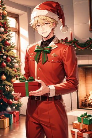 Looking at viewer, solo, male,  Santa Claus, Christmas hat, Christmas, Christmas costume, red clothes, red pants, red hat,indoors,  smile, holding gift, Christmas gifts,Will_Sprout, blond hair, brown eyes, standing,Blonde hair