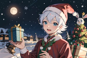 masterpiece, best quality,Looking at viewer, solo, male, 1boy,outdoors, upper_body, close mouth, light ray, luca,white hair,blue eyes, night, star_(sky), smile, Christmas, (christmas_clothes:1.5), red shirt, red  pants, red hat, Christmas hat, snow, japanese, christmas gift, christmas tree, city, moon, bunny_rabbit, huge rabbit,