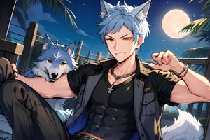 masterpiece, best quality,Looking at viewer, solo, male, outdoors, smile, Asch_Albright, blue hair,Orange eyes, abs, pectoralis, muscle,black shirt, open shirt,wolf ears, wolf tails, night, moon,