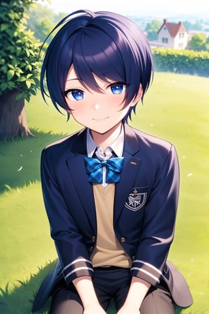 masterpiece, best quality, Looking at viewer, 1boy, solo, male, close up, (shota:1.5), young boy, chibi, smile,  outdoors, sitting, male school_uniform,Ren_Kisaragi,Blue eyes,Blue hair,