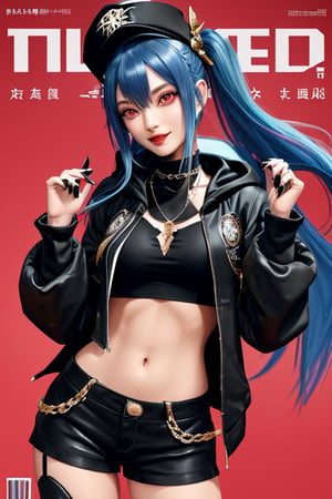 hutaodef, hutaornd, Defaults17Style, (magazine cover, english text:1.3), 1girl, long hair, hu tao (genshin impact) BREAK breasts, gloves, jewelry, tattoo, navel, hat, chain, blue hair, necklace, long hair, shorts, fingerless gloves, looking at viewer, black headwear, smile, black nails, open mouth, jacket, black shorts, boo tao (genshin impact), black gloves, open jacket, cleavage, midriff, hair between eyes, open clothes, teeth, bangs, solo, red eyes, very long hair, twintails, long sleeves, chain necklace, character name, black jacket, symbol-shaped pupils, pants, multicolored hair, chinese text, arm tattoo, stomach tattoo, large breasts, collarbone, bra, multiple rings, colored tips, choker, hands up, sidelocks, gradient hair, cowboy shot, nail polish, :d, hairclip, hood, thumb ring, short shorts, flower-shaped pupils, ring, ghost, stomach, gold chain, underwear, hair ornament