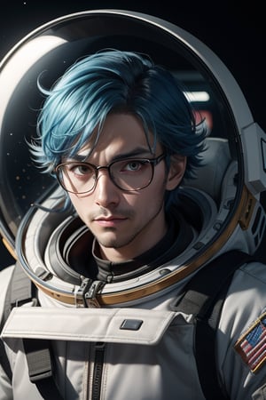 Character 1 man in a cyberpunk anime movie with hair blue color, eyeglasses, a modern gadget in Mars year 2500, astronaut helmet