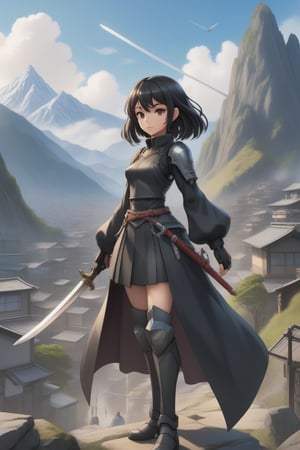 Character 1 girl anime movie with hair black, sword weapon, a modern gadget in mountain year 2500, super detailed city