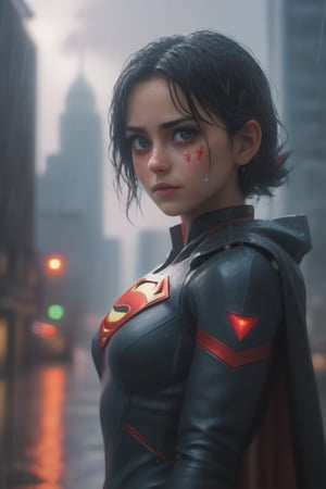 1 girl hero super detail ,red eye, cinematic, mackup, wicher city, raining,in top biilding, plane, buildings , horor lighting, super detail