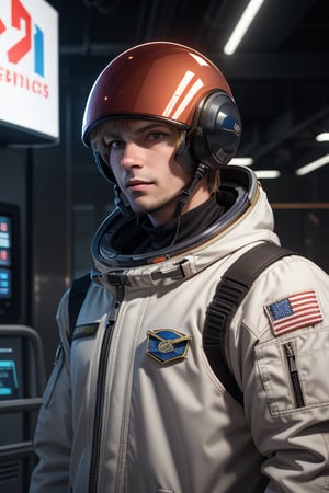 Character 1 man in a cyberpunk anime movie with hair blonde color, a modern gadget in Mars year 2500, astronaut helmet