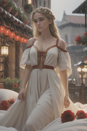 Libra girl im bed cinematic with drees roman era 1600 year  white and flower, red light, raining, buildings, highres, super detail bed, realistic