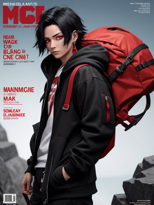 Defaults17Style, 1boy, male focus, solo, jewelry, scar, backpack, hoodie, red eyes, hood, kamado tanjirou, earrings, scar on face, black hair, weapon in hand, bag, looking at viewer, hands in pockets, jacket, short hair, long sleeves, english text, alternate costume, character name , magazine cover 