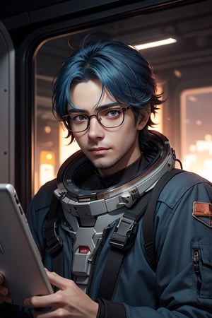 Character 1 man in a cyberpunk anime movie hair blue color, eyeglasses, modern gadget in Mars year 2500, astronout