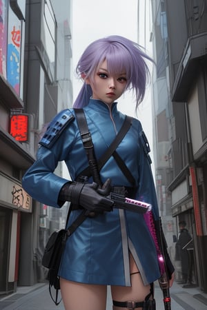 Create character 1 girl cute hair color bluesmoke action futuristic with weapon in hand sword, used bag weapon amunition in tokyo city cyber area war