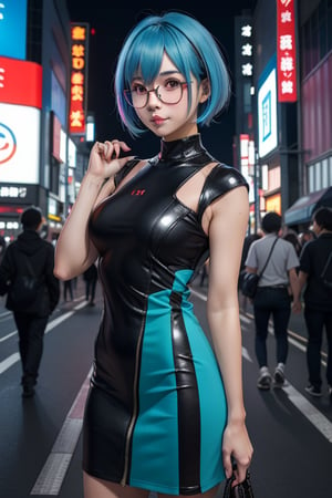 Character 1 cute girl cyberpunk anime live-action hair bob blue color, eyeglasses, modern gadget in tokyo city year 2500, dress color blue ask