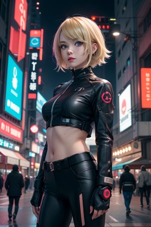 Character 1 girl anime movie with hair blonde, a modern gadget in cyberpunk city year 2500