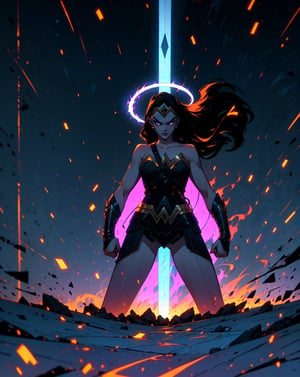 masterpiece,  best quality,  ultra high res,  beautiful,  visually stunning,  elegant,  incredible details,  award-winning painting,  (dark art:1.1),  deep shadow,  (dark theme:1.2),  comic book style,  wonderwoman, 1girl, Wonder Woman,  very long black hair, glowing hair, glowing golden tiara, she is holding glowing lasso, dark scene,  cowboy shot of Wonder Woman,  large breasts,  athletic,  glowing white eyes,  no pupils,  night city,  purple mist,  particles,  female focus,  mouth closed, bright white halo,  blue fire,  female,  sexy supermodel figure,  night,  outdoors,  rain,  serious,  dark armosphere,  detailed background,  cinematic ready for battle pose,  darker belt,  lurking on top of a big statue, battle stance,  Epicrealism,  r1ge,  dark art,  deep shadow,  angry,  glowing,  aura,  flying debris,  flying fragments,  camera from above,  looking down, ,WonderWaifu