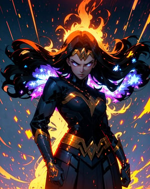 masterpiece,  best quality,  ultra high res,  beautiful,  visually stunning,  elegant,  incredible details,  award-winning painting,  (dark art:1.1),  deep shadow,  (dark theme:1.2),  comic book style,  wonderwoman, 1girl, Wonder Woman,  very long black hair, glowing hair, glowing golden tiara, she is holding glowing lasso, dark scene,  cowboy shot of Wonder Woman,  large breasts,  athletic,  glowing white eyes,  no pupils,  night city,  purple mist,  particles,  female focus,  mouth closed, bright white halo,  blue fire,  female,  sexy supermodel figure,  night,  outdoors,  rain,  serious,  dark armosphere,  detailed background,  cinematic ready for battle pose,  darker belt,  lurking on top of a big statue, battle stance,  Epicrealism,  r1ge,  dark art,  deep shadow,  angry,  glowing,  aura,  flying debris,  flying fragments,  camera from above,  looking down, ,WonderWaifu