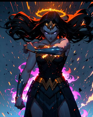 masterpiece,  best quality,  ultra high res,  beautiful,  visually stunning,  elegant,  incredible details,  award-winning painting,  (dark art:1.1),  deep shadow,  (dark theme:1.2),  comic book style,  wonderwoman, 1girl, Wonder Woman,  very long black hair, glowing hair, glowing golden tiara, she is holding glowing lasso, dark scene,  cowboy shot of Wonder Woman,  large breasts,  athletic,  glowing white eyes,  no pupils,  night city,  purple mist,  particles,  female focus,  mouth closed, bright white halo,  blue fire,  female,  sexy supermodel figure,  night,  outdoors,  rain,  serious,  dark armosphere,  detailed background,  cinematic ready for battle pose,  darker belt,  lurking on top of a big statue, battle stance,  Epicrealism,  r1ge,  dark art,  deep shadow,  angry,  glowing,  aura,  flying debris,  flying fragments,  camera from above,  looking down, ,WonderWaifu, flying sweatdrops, flying, flying_sweatdrops