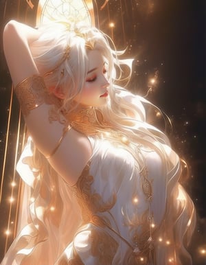 a close up of a woman with white hair flame head, portrait of queen of light, extremely detailed goddess shot, goddess art, npc with a saint\'s halo, by Hidari Jingorō, goddess portrait, goddess of light, angelic halo, epically luminous image, npc with a saint's halo, celestial aura, bright divine lighting, Goddess of life
