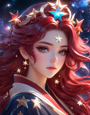 a woman with stars in her hair and a dark red star crown, beautiful anime portrait, beautiful fantasy art portrait, stunning anime face portrait, beautiful fantasy portrait, by Ross Tran, beautiful anime art style, anime fantasy artwork, anime girl with cosmic hair, detailed portrait of anime girl, gorgeous digital art, beautiful anime art, very beautiful fantasy art, anime art nouveau cosmic display