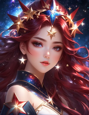 a woman with stars in her hair and a dark red star crown, beautiful anime portrait, beautiful fantasy art portrait, stunning anime face portrait, beautiful fantasy portrait, by Ross Tran, beautiful anime art style, anime fantasy artwork, anime girl with cosmic hair, detailed portrait of anime girl, gorgeous digital art, beautiful anime art, very beautiful fantasy art, anime art nouveau cosmic display