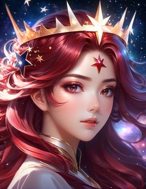 a woman with stars in her hair and a dark red star crown, beautiful anime portrait, beautiful fantasy art portrait, stunning anime face portrait, beautiful fantasy portrait, by Ross Tran, beautiful anime art style, anime fantasy artwork, anime girl with cosmic hair, detailed portrait of anime girl, gorgeous digital art, beautiful anime art, very beautiful fantasy art, anime art nouveau cosmic display