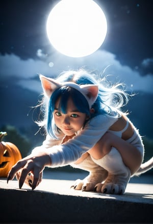 (masterpiece,score_9,score_8_up,score_7_up,score_6_up),FeliciaXLP,animal ears,blue hair,green eyes,(claws,body fur),cat tail,smile,squatting,paw pose,
halloween,pumpkin head,moon light,starry sky,loli,dewy skin,perspiration on the skin,skin texture,fine lines,natural imperfections,light reflections,pores,
glossy skin,Rim Lighting,Subsurface Scattering,God Rays,Chromatic Aberration,Lens Flare,Volumetric Lighting,Anamorphic Lens Flare,
Bloom,Depth of Field,backlight,soft bounced lighting,soft natural lighting,soft shadows,Japanese