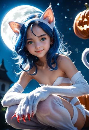 masterpiece,score_9,score_8_up,score_7_up,score_6_up,animal ears,blue hair,green eyes,(claws,body fur),strapless,cat tail,smile,squatting,paw pose,
halloween,pumpkin head,moon light,starry sky,child,dewy skin,perspiration on the skin,skin texture,fine lines,natural imperfections,light reflections,pores,
glossy skin,Rim Lighting,Subsurface Scattering,God Rays,Chromatic Aberration,Lens Flare,Volumetric Lighting,Anamorphic Lens Flare,
Bloom,Depth of Field,backlight,soft bounced lighting,soft natural lighting,soft shadows,FeliciaXLP,hermione11granger