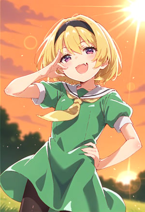 (masterpiece,score_9,score_8_up,score_7_up,score_6_up),anime screencap,loli,blonde,short hair,hair between eyes,purple eyes,smirk,open mouth,skin fang,
blush,(black headband,half-closed eyes,short sleeves,yellow neckerchief,green dress),puffy sleeves,white serafuku,black pantyhose,ojou-sama pose,
hand on hip,dewy skin,perspiration on the skin,skin texture,fine lines,pores,natural imperfections,light reflections,glossy skin,shiny skin,
subsurface scattering,god rays,chromatic aberration,lens flare,volumetric lighting,anamorphic lens flare,bloom,depth of field,soft bounced lighting,
soft natural lighting,soft shadows,outdoors,Japanese countryside,(sunset,orange sky),houjousatoko01
