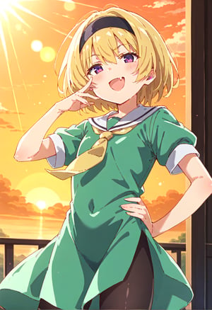 (masterpiece,score_9,score_8_up,score_7_up,score_6_up),anime screencap,loli,blonde,short hair,hair between eyes,purple eyes,smirk,open mouth,skin fang,
blush,(black headband,half-closed eyes,short sleeves,yellow neckerchief,green dress),puffy sleeves,white serafuku,black pantyhose,ojou-sama pose,
hand on hip,dewy skin,perspiration on the skin,skin texture,fine lines,pores,natural imperfections,light reflections,glossy skin,shiny skin,
subsurface scattering,god rays,chromatic aberration,lens flare,volumetric lighting,anamorphic lens flare,bloom,depth of field,soft bounced lighting,
soft natural lighting,soft shadows,outdoors,Japanese countryside,(sunset,orange sky),houjousatoko01