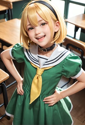 (masterpiece,score_9,score_8_up,score_7_up,score_6_up),houjousatoko01,loli,high-angle_view,blonde hair,short hair,hair between eyes,brown eyes,
black hairband,(narrowed eyes,smile,open mouth,green dress),sailor dress,white sailor collar,yellow neckerchief,short sleeves,puffy sleeves,black pantyhose,
hand on hip,classroom,dewy skin,perspiration on skin,skin texture,fine lines,natural imperfections,light reflections,pores,glossy skin