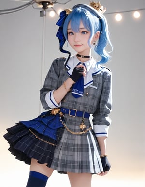 (fyx,masterpiece,score_9,score_8_up,score_7_up,score_6_up),HoshimachiSuisei,SuiseiBase,side ponytail,blue hair ribbon,plaid beret,crown,blue star choker,star earrings,blue ascot,
grey plaid jacket,grey plaid skirt,layered skirt,partially fingerless gloves,star bracelet,uneven legwear,thigh strap,smile,arms at side,stage,stage lights