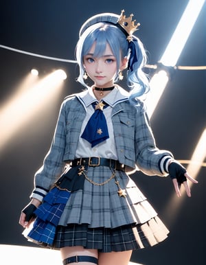 (fyx,masterpiece,score_9,score_8_up,score_7_up,score_6_up),HoshimachiSuisei,SuiseiBase,side ponytail,blue hair ribbon,plaid beret,crown,blue star choker,star earrings,blue ascot,
grey plaid jacket,grey plaid skirt,layered skirt,partially fingerless gloves,star bracelet,uneven legwear,thigh strap,smile,arms at side,stage,stage lights