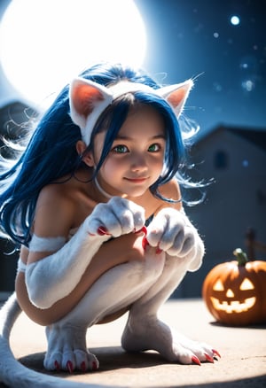 (masterpiece,score_9,score_8_up,score_7_up,score_6_up),FeliciaXLP,animal ears,blue hair,green eyes,(claws,body fur),cat tail,smile,squatting,paw pose,
halloween,pumpkin head,moon light,starry sky,child,dewy skin,perspiration on the skin,skin texture,fine lines,natural imperfections,light reflections,pores,
glossy skin,Rim Lighting,Subsurface Scattering,God Rays,Chromatic Aberration,Lens Flare,Volumetric Lighting,Anamorphic Lens Flare,
Bloom,Depth of Field,backlight,soft bounced lighting,soft natural lighting,soft shadows,European