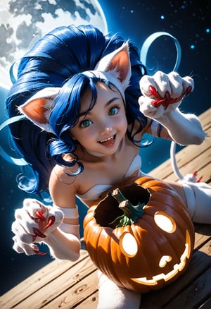 masterpiece,score_9,score_8_up,score_7_up,score_6_up,high-angle view,animal ears,blue hair,green eyes,(paw pose,claws,body fur),strapless,cat tail,
sitting,smile,open mouth,pumpkin head,moon light,starry sky,child,dewy skin,perspiration on the skin,skin texture,fine lines,natural imperfections,pores,
light reflections,glossy skin,Rim Lighting,Subsurface Scattering,God Rays,Chromatic Aberration,Lens Flare,Volumetric Lighting,Anamorphic Lens Flare,
Bloom,Depth of Field,backlight,soft bounced lighting,soft natural lighting,soft shadows,FeliciaXLP,feliciads,Expressiveh,concept art,dark theme