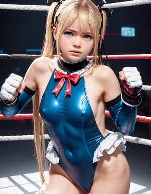 (masterpiece,score_9,score_8_up,score_7_up,score_6_up),solo,((fyx,loli,female child,flat chest)),embarrassed,(blue eyes,eye reflection,fighting pose,sweat,oiled),nipple outline,camel toe,fighting ring,
cinematic lighting,marie rose,doamarie,(frilled choker,red bowtie,blue one-piece swimsuit,frilled swimsuit,metallic swimsuit,blue sleeves,detached sleeves,gloves,blue thighhighs,frilled thighhighs)